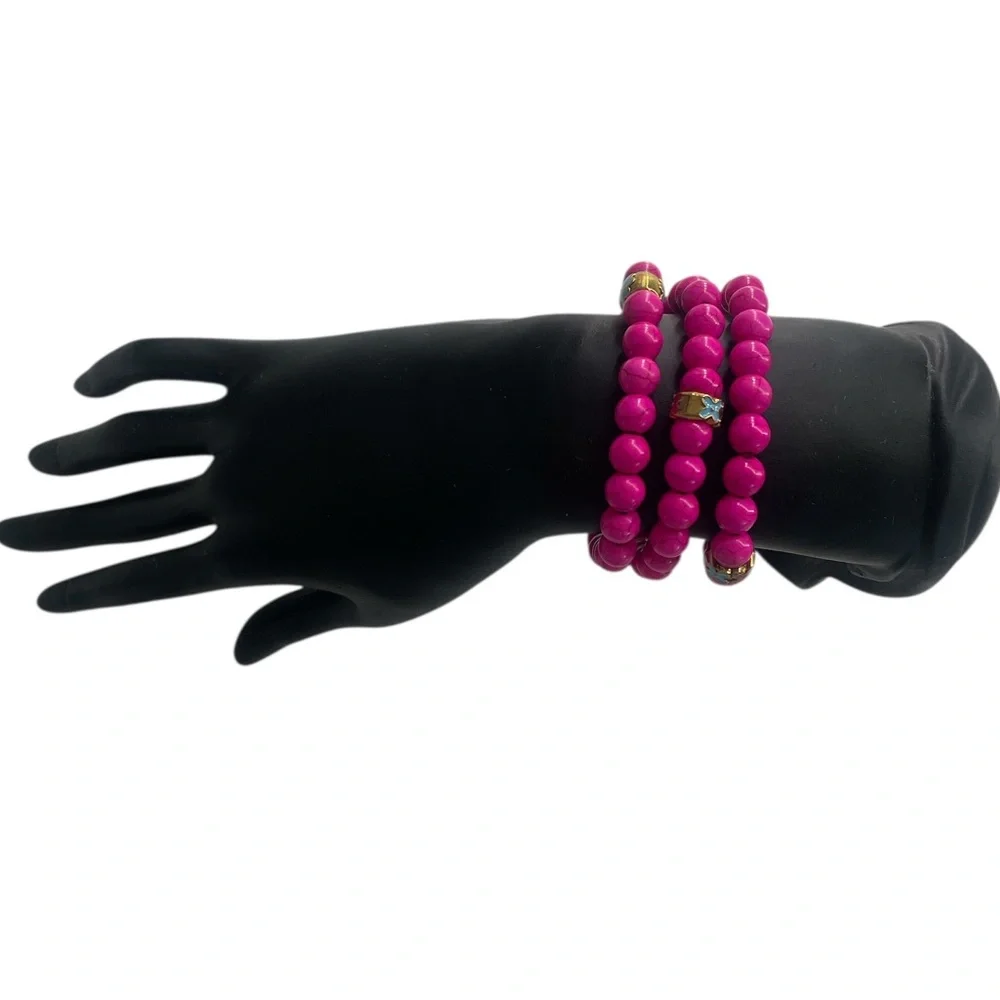 Pink Howlite gemstone bracelet, gold flower center,stretch - Picture 3 of 7